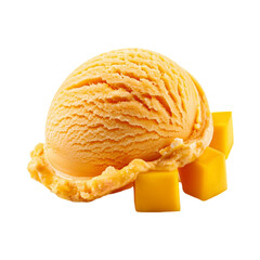 A single scoop of vibrant yellow ice cream (lemon, banana, or mango flavor) melting slightly, isolated on a clean white background. Focus on summer desserts and fruity flavors.