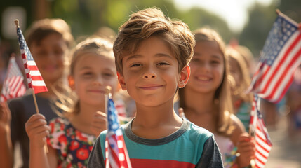 Smiling children celebrating independence day with american flags in summer parade