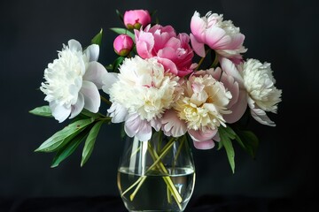 Fototapeta premium A bouquet of peonies in various stages of bloom, with soft pink and white petals, placed in a clear glass vase. 
