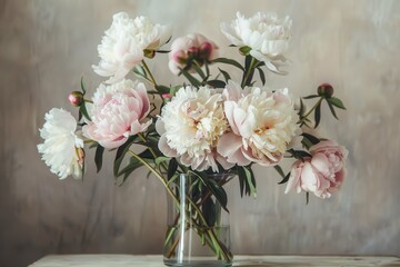 Fototapeta premium A bouquet of peonies in various stages of bloom, with soft pink and white petals, placed in a clear glass vase. 