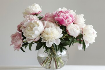Fototapeta premium A bouquet of peonies in various stages of bloom, with soft pink and white petals, placed in a clear glass vase. 