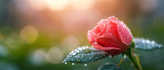 Obraz premium A solitary red rose with dewdrops on its petals and a distinct green leaf against a blurred backdrop