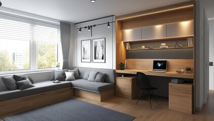 Modern living room with built-in desk and couch.