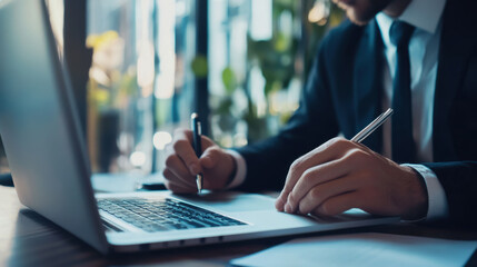 Middle aged professional executive, lawyer, writing notes, attending online webinar, financial data analysis, using laptop in office