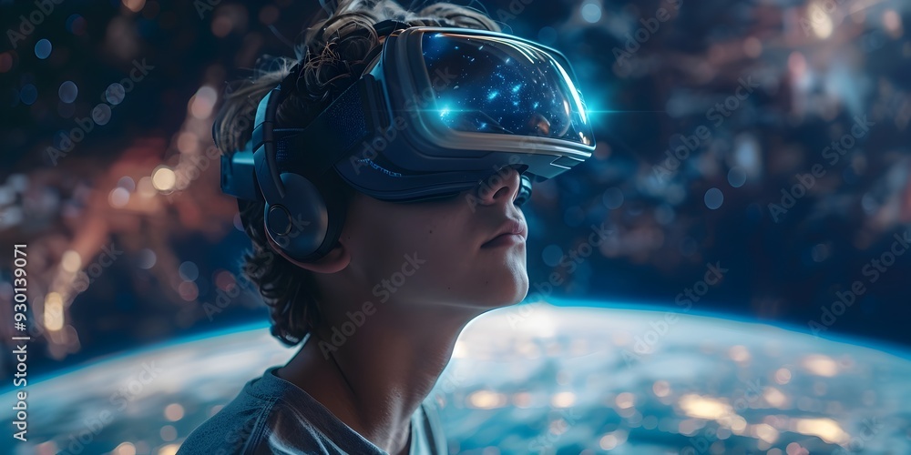 Poster visually captivating spacewalk through simulated virtual reality cosmos around earth exploring the b