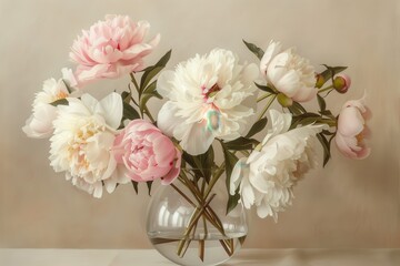 A bouquet of peonies in various stages of bloom, with soft pink and white petals, placed in a clear glass vase. 