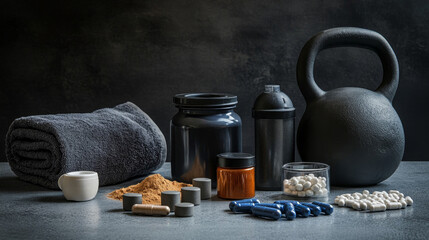 Various protein powder, pills, capsules, and tablets are arranged on a gray table, indicating that a bodybuilder is assembling a post-workout supplement mix