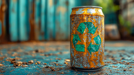 Rusty can with recycling symbol on a dirty surface, highlighting the significance of recycling for environmental conservation