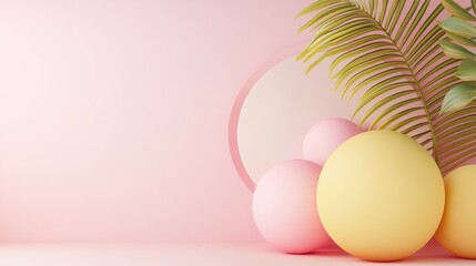 Fototapeta premium A vibrant arrangement of pastel spheres and tropical leaves against a soft pink background, perfect for modern decor and design.