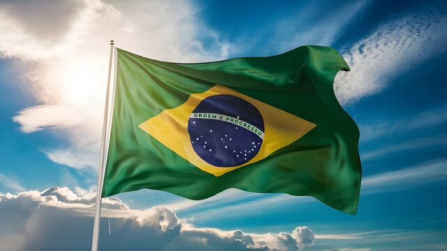The national flag of Brazil is flying in the blue sky portrait photography. The sign of brazilian Independence day and Republic day photo-realistic