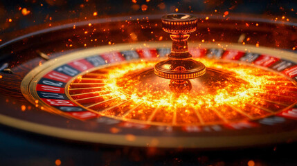 Casino roulette wheel engulfed in flames symbolizes the thrill and danger of gambling