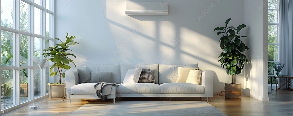 Poster sleek and modern living room with energy efficient ac unit and smart controls emphasizing minimalist