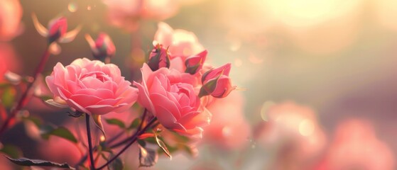 Obraz premium A lush green field filled with pink flowers under a sunny sky