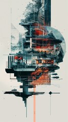 Abstract architectural composition combining urban elements, natural landscapes, and futuristic design. The image features detailed structures interwoven with greenery and technological components