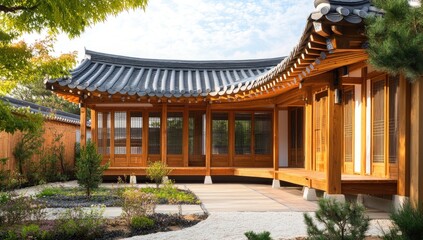 Naklejka premium Traditional Korean wooden house with garden.