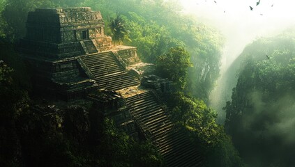 Ancient temple ruins in a lush jungle.
