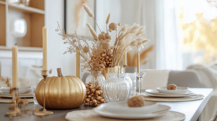 Modern fall centerpiece with golden pumpkins, dried berries, and candleholders on a sleek dining table