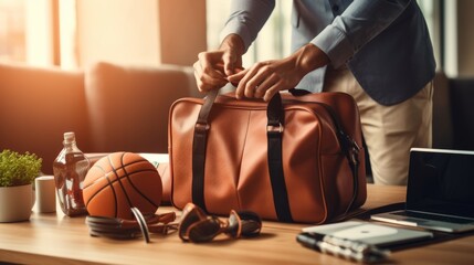 Businessman packing sports gear into bag in office for training session, close-up of active lifestyle preparation and professional fitness routine


