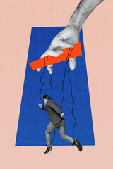 Vertical collage image runner businessman strings connected manipulation hand control doll puppet...