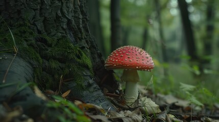 Beautiful red fly agaric growing among the grass