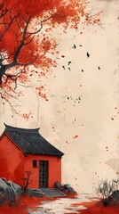 Minimalist ink Jiangnan late autumn illustration poster background