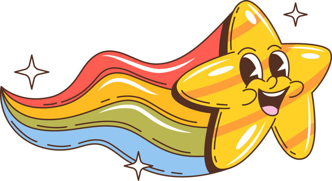 Naklejki Retro groovy space star character with rainbow tail flying in space, cartoon vector. Funny comic groovy galaxy star with funky face and happy smile with twinkle shine of rainbow for love emoji