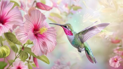 small bird hummingbird on a background of pink flowers and green leaves