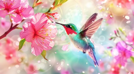 small bird hummingbird on a background of pink flowers and green leaves