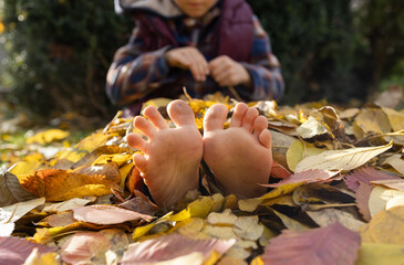 child sits on the ground, his bare feet peeking out among the fallen leaves. Indian summer. Hello...