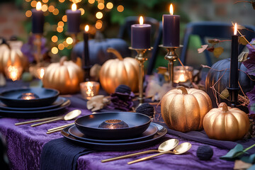 A beautifully arranged Halloween dining table adorned with gold pumpkins, candles, and dark tableware, creating an inviting atmosphere for an autumn gathering.