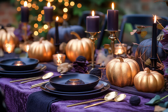 A beautifully arranged Halloween dining table adorned with gold pumpkins, candles, and dark tableware, creating an inviting atmosphere for an autumn gathering.
