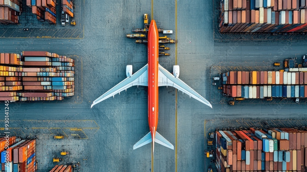 Poster airborne cargo efficiency: aerial view of planes loading and unloading cargo, visualizing the effici