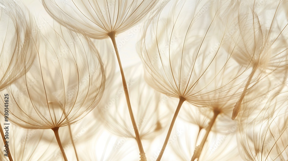 Poster Delicate dandelion seeds float gently in the air, carried by the wind, creating a serene atmosphere in a sunlit environment
