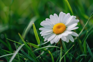 Obraz premium A close-up of a daisy flower, with its white petals and yellow center set against a background of green grass.