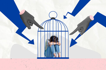 Creative collage picture young crying girl sit birdcage slavery mocking hands fingers point hatred...