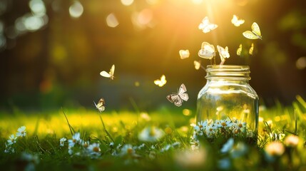Butterflies take off from glass jar
