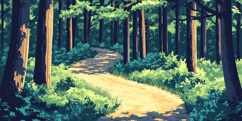 Woodland path winding through dense trees, the ground covered in pine needles, flat illustration