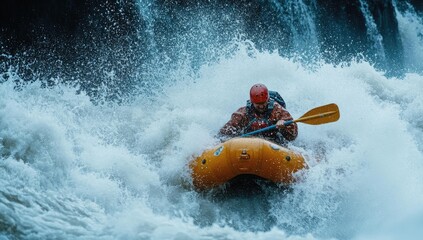 A man in a raft navigates rapids.