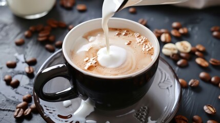 Pouring of milk in cup of hot coffee on table