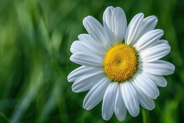 Fototapeta premium A close-up of a daisy flower, with its white petals and yellow center set against a background of green grass.