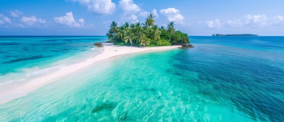 Obraz premium A mid-ocean isle boasts a pristine white-sand shoreline and palm trees on its opposite side