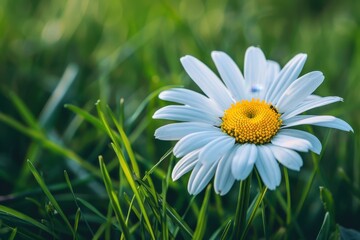 Fototapeta premium A close-up of a daisy flower, with its white petals and yellow center set against a background of green grass.