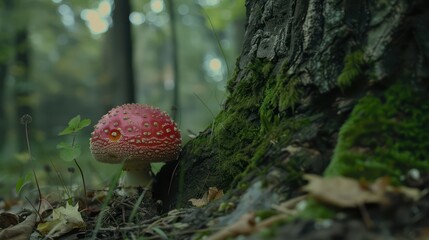 Beautiful red fly agaric growing among the grass