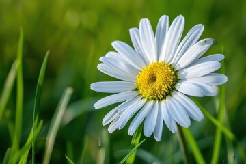 Fototapeta premium A close-up of a daisy flower, with its white petals and yellow center set against a background of green grass.