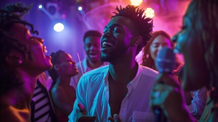 Friends gather around as a young man passionately sings karaoke, creating a fun atmosphere filled with laughter and music