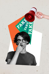 Vertical photo collage of dissatisfied girl pouted lips hand hold megaphone agitation fake news...