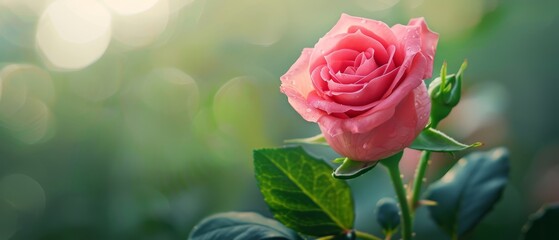  A tight shot of a pink rose against a backdrop of green leafy branches, with out-of-focus light in the background