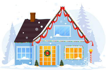 Isolated Christmas winter house exterior, home building facade with snowy roof. Vector suburban cottage, adorned with twinkling lights, festive wreath, and a dusting of snow, exuding holiday cheer