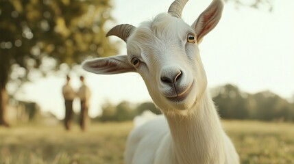 Obraz premium An outdoor ad features a friendly goat, promoting an organic farm's new dairy line and sustainability.