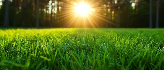  A lush green field with the sun casting golden rays through the trees behind it